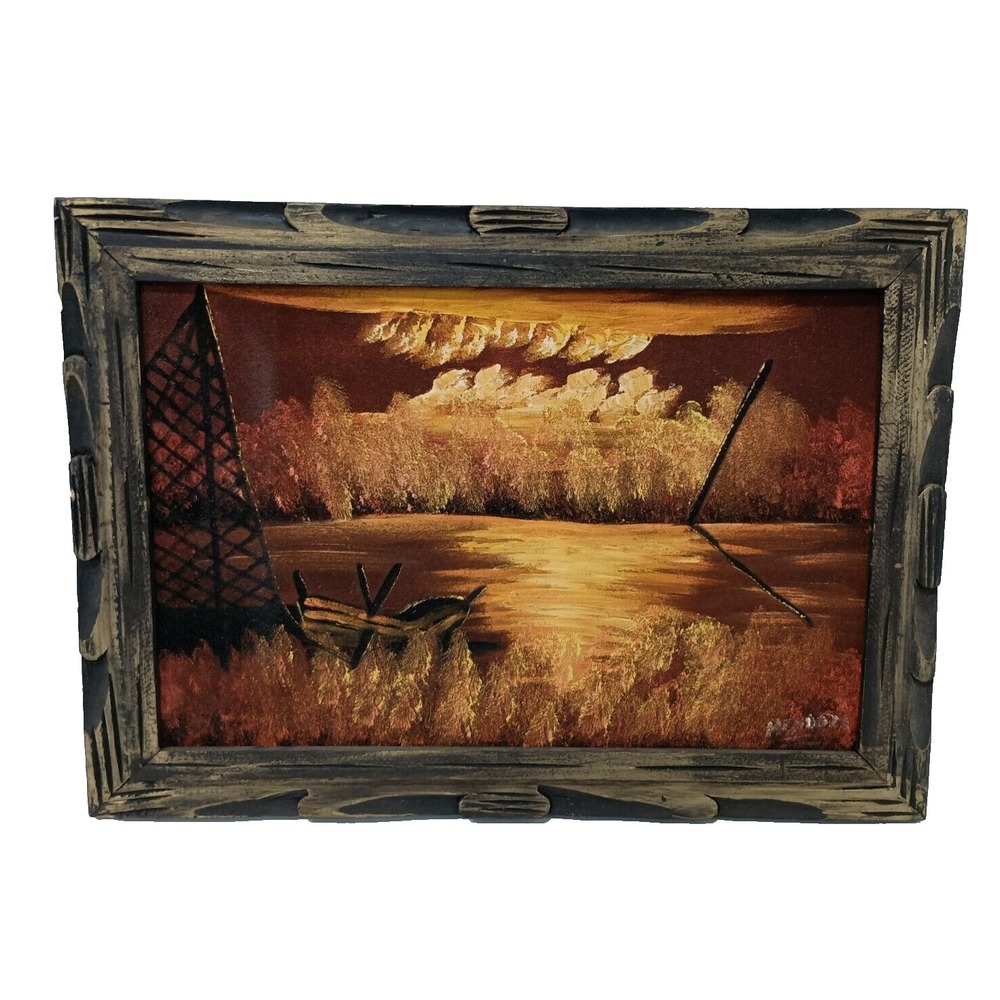 Vintage Seascape Boat Oil Painting Landscape Rustic Wood Framed Signed